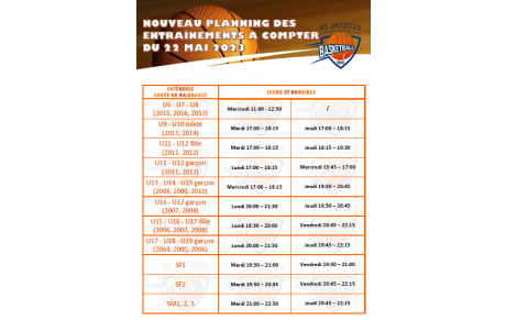PLANNING DES ENTRAINEMENTS À COMPTER DU 22 MAI 2023